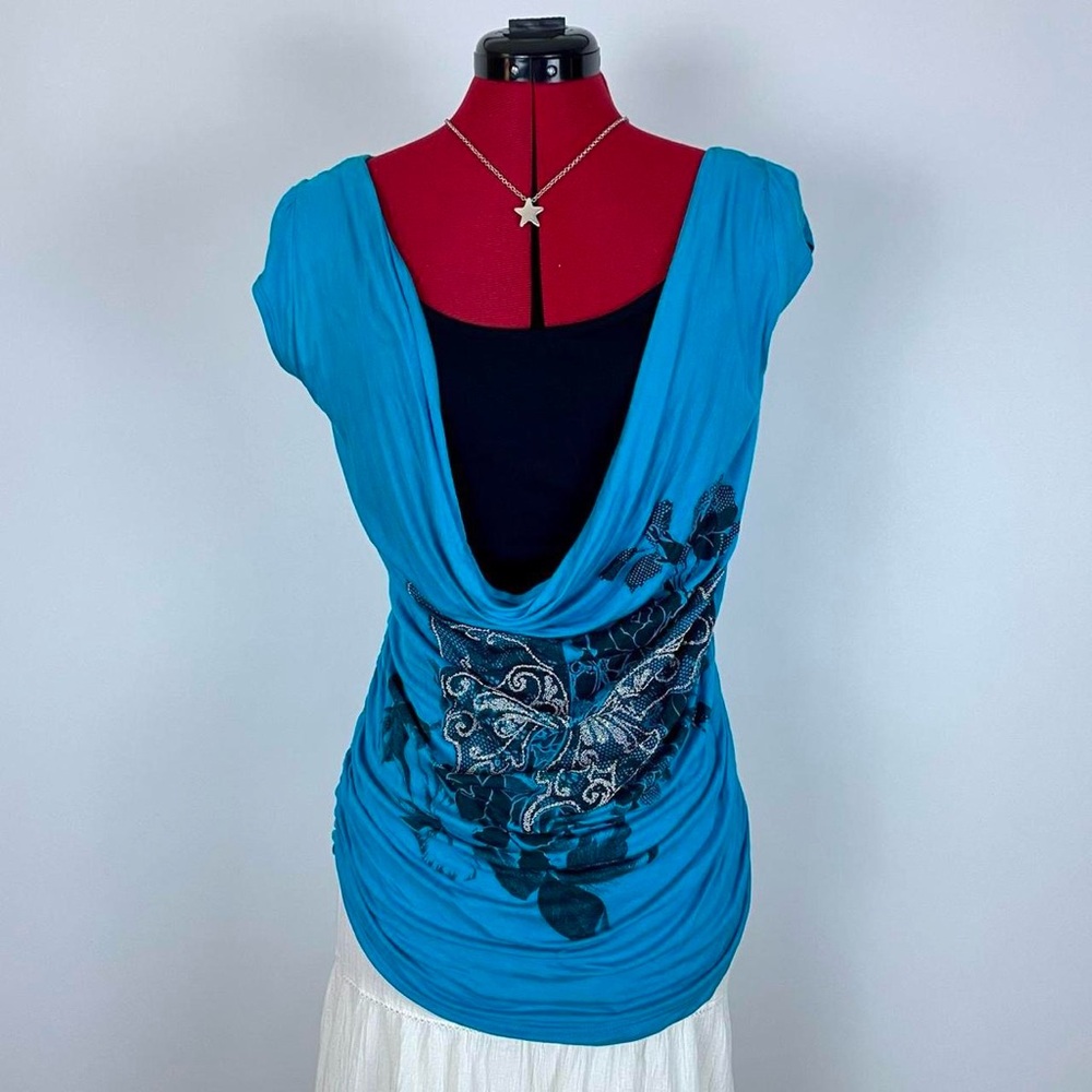 Y2K Blue Butterfly Cowl Neck Top